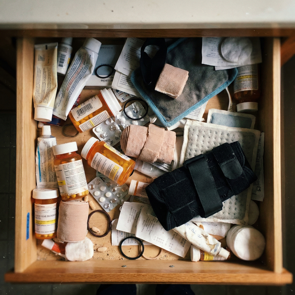 Drawer full of failed products - creams, pads, braces, pills