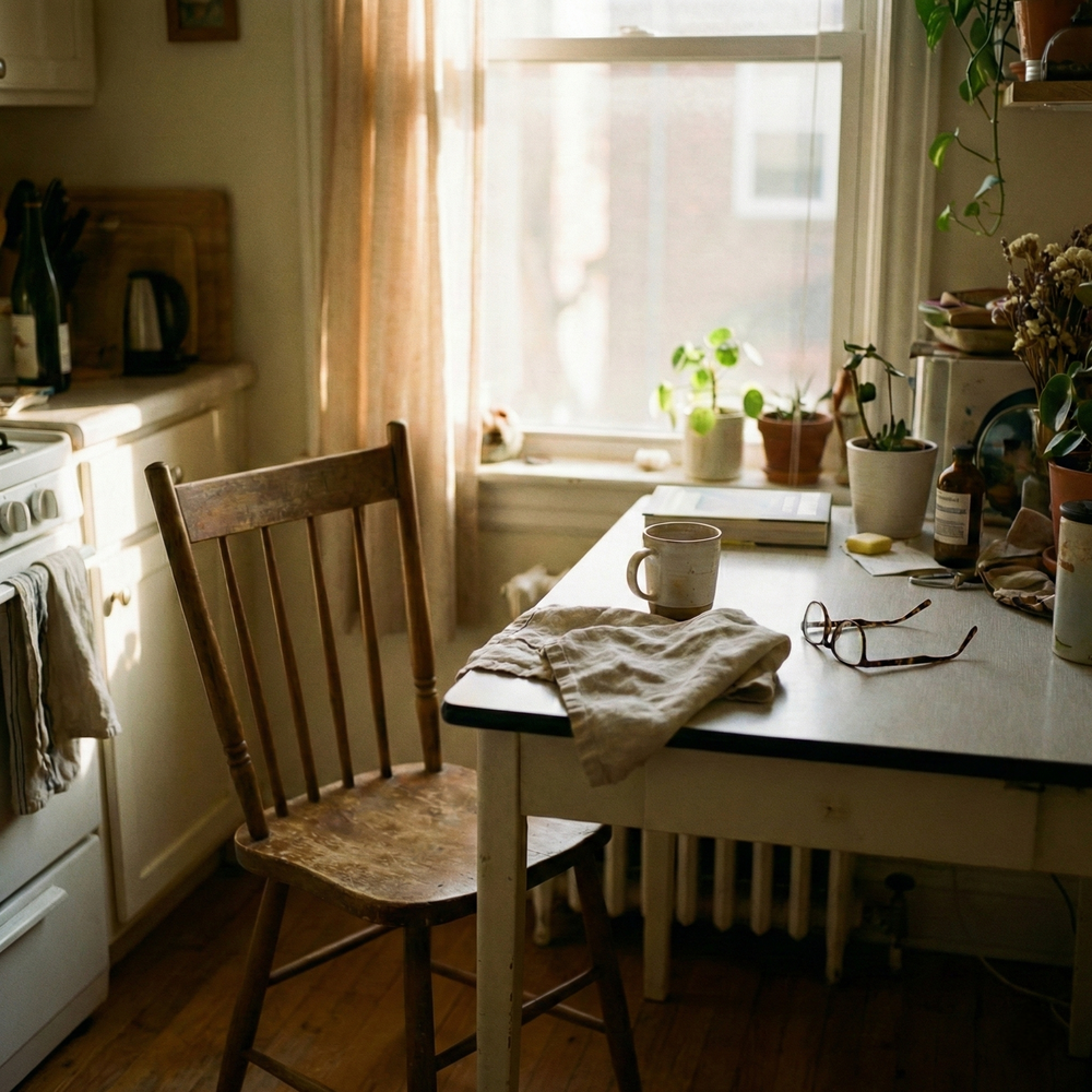 Empty chair at kitchen table, showing loss of presence