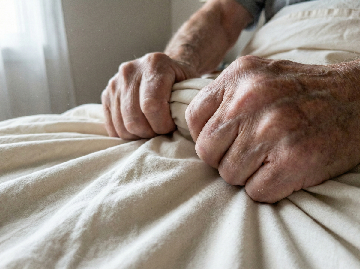 Hands gripping mattress edge, showing morning struggle with back pain