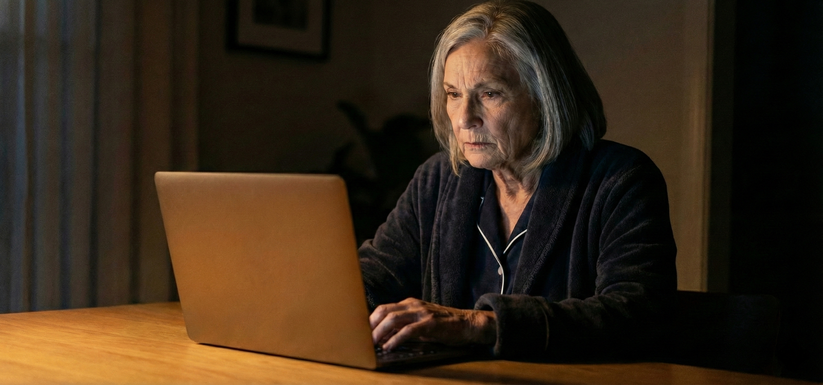 Laptop screen glow in darkened room, evening research