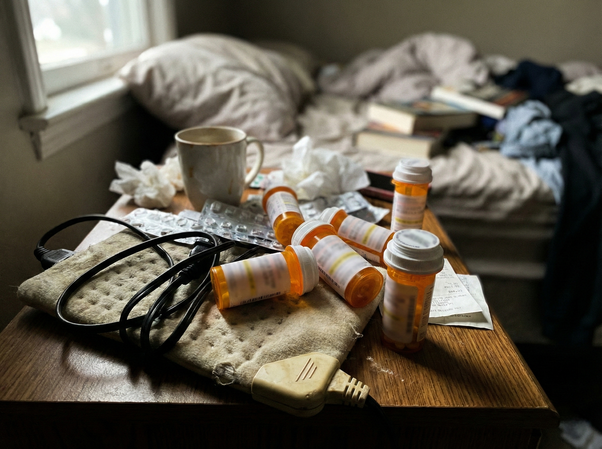 Close-up of pill bottles and heating pad cord