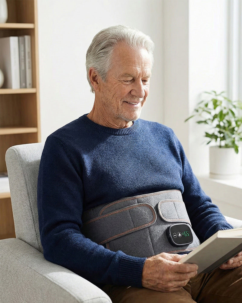 Person wearing Realief Core device comfortably while reading