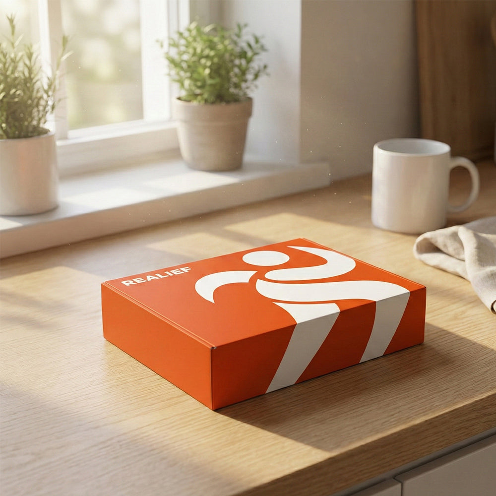 Realief Core box unopened on kitchen counter in morning light