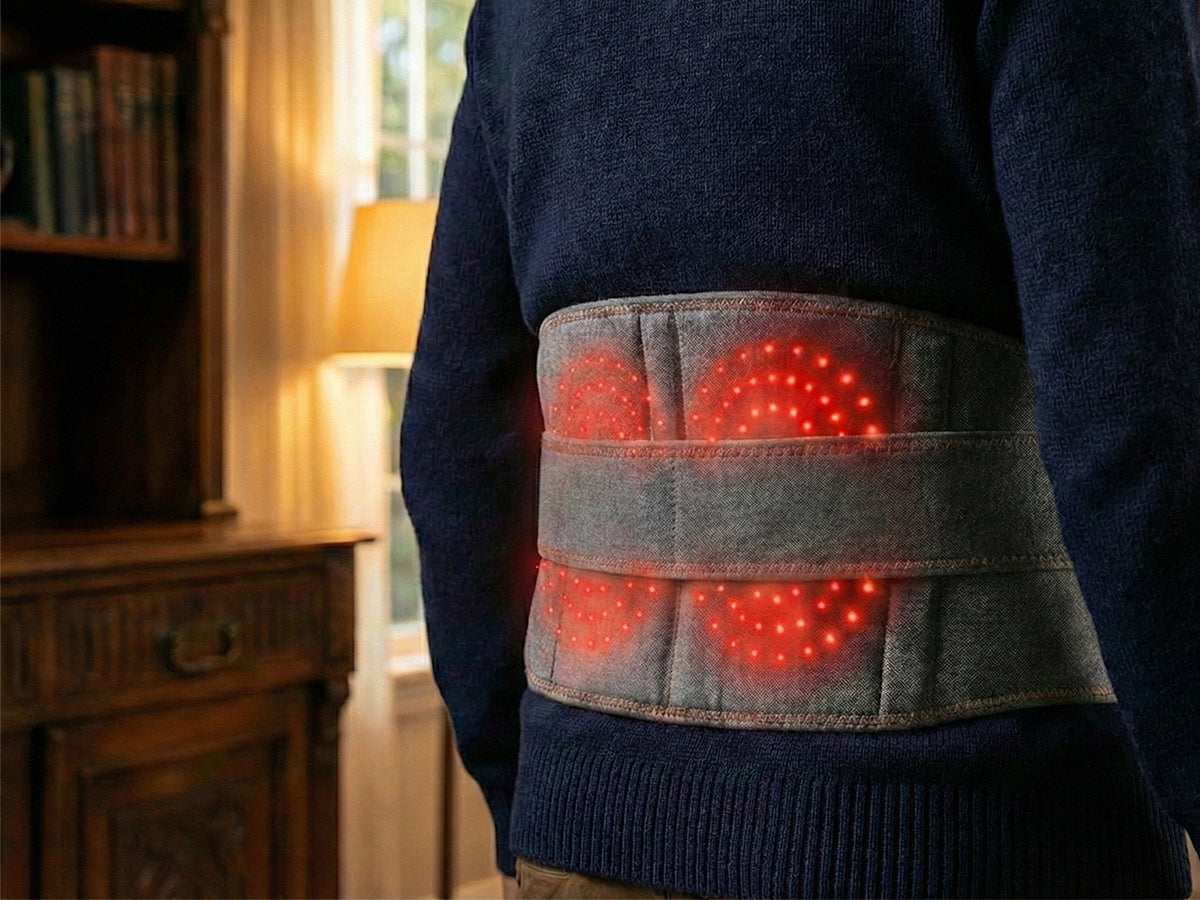 Red light therapy close-up glowing on lower back