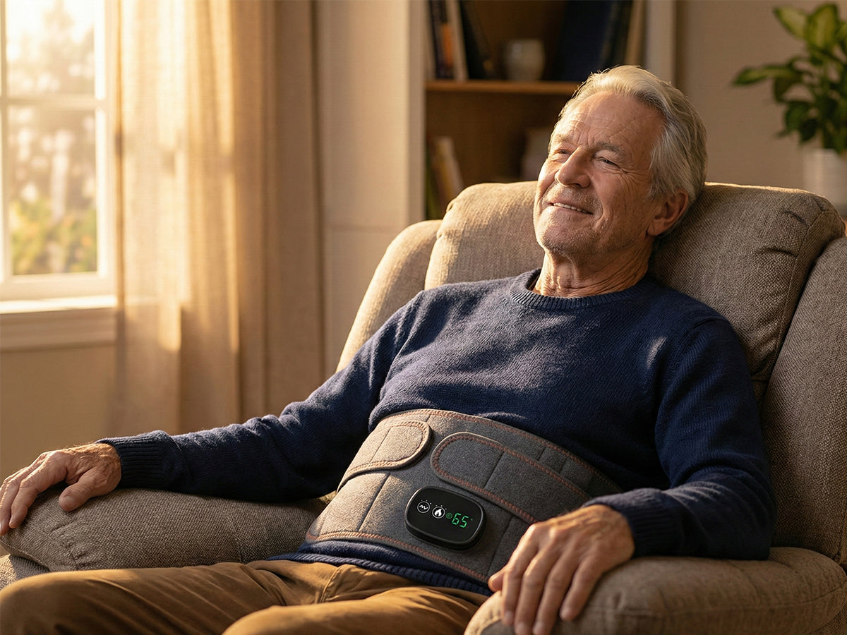 Him in recliner with device, actually relaxed with slight smile